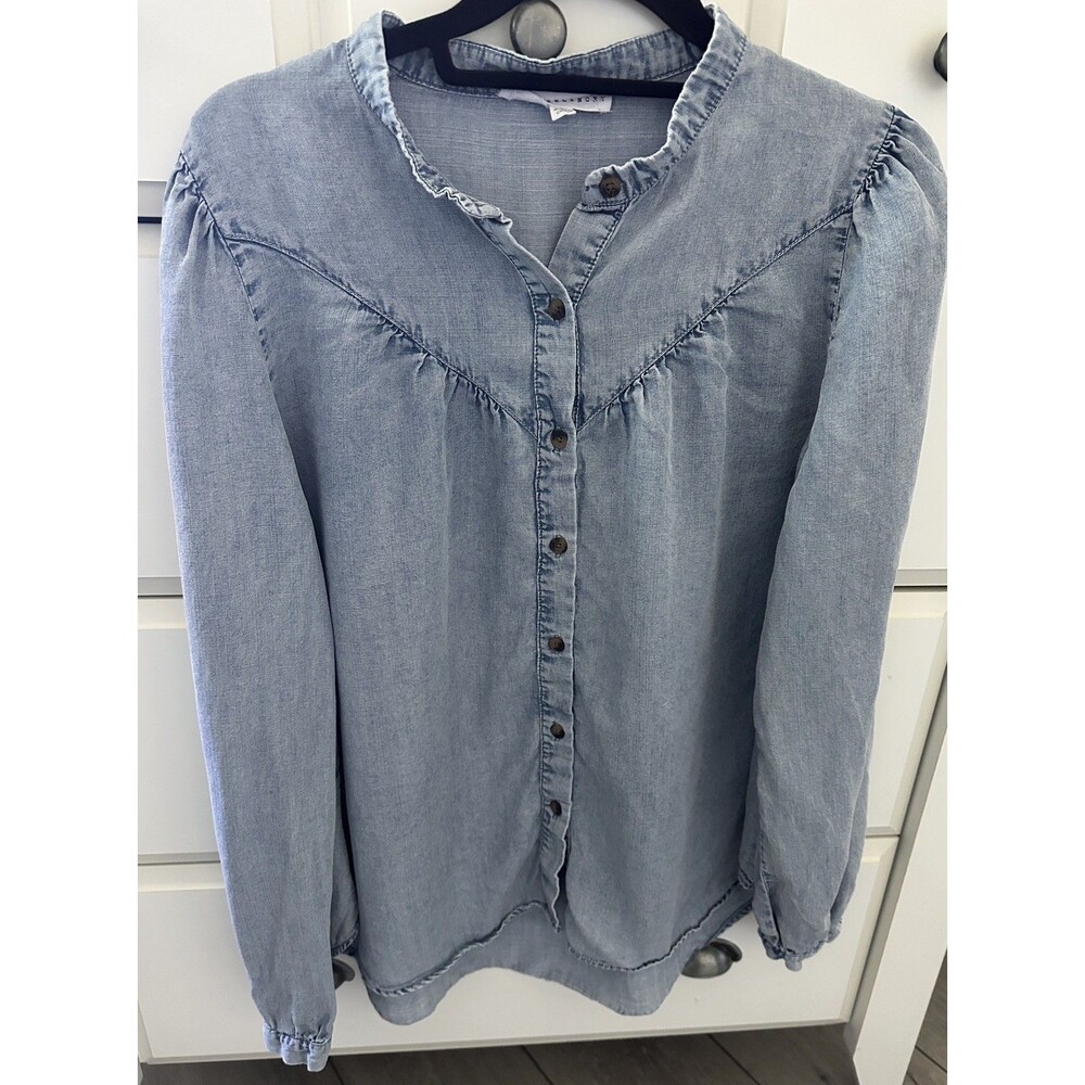 Jane & Delancey Chambray Blouse Womens Large 100% Lyocell Denim Look Ruffle